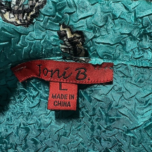 Vintage 1980s Joni B Turquoise Crinkle Silky Big Button Disco Collar Blouse Sz L - Picture 5 of 5